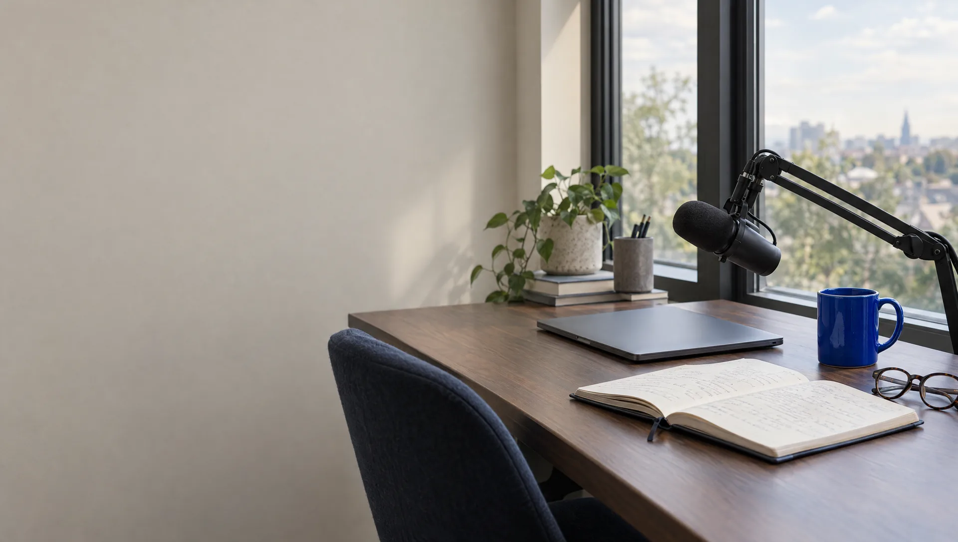 A quiet desk by a tall window with a city view: a closed laptop, an open notebook, glasses, a microphone on an arm and a blue mug. A dark chair is pulled in at the desk.