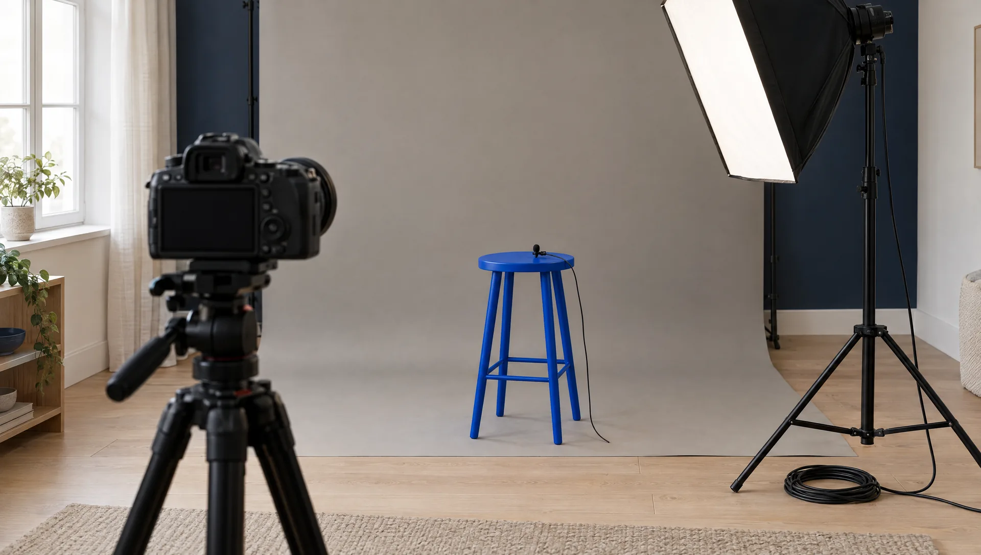 A small home studio with a pale backdrop: a camera on a tripod in the foreground, a softbox on a stand and a blue stool waiting in the middle of the floor.