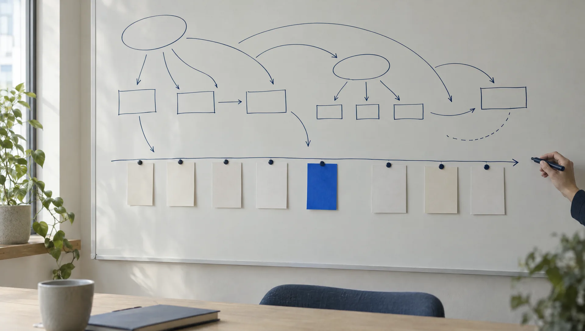 A whiteboard of hand-drawn arcs, boxes and arrows above a timeline of pinned cards. One card is blue.