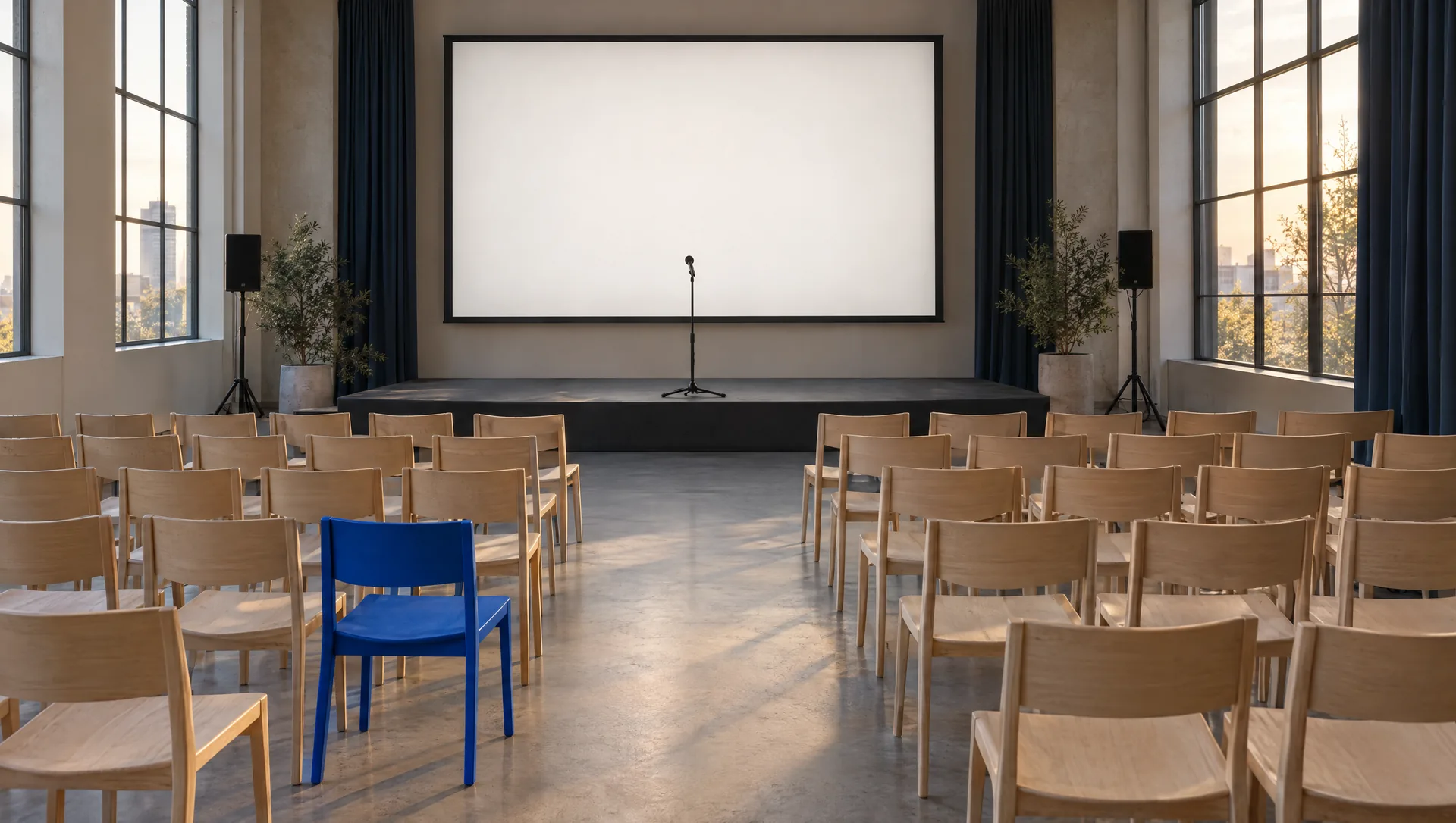 An empty room set for a live session: rows of light wooden chairs face a low stage with a microphone stand and a blank screen. One chair is blue.